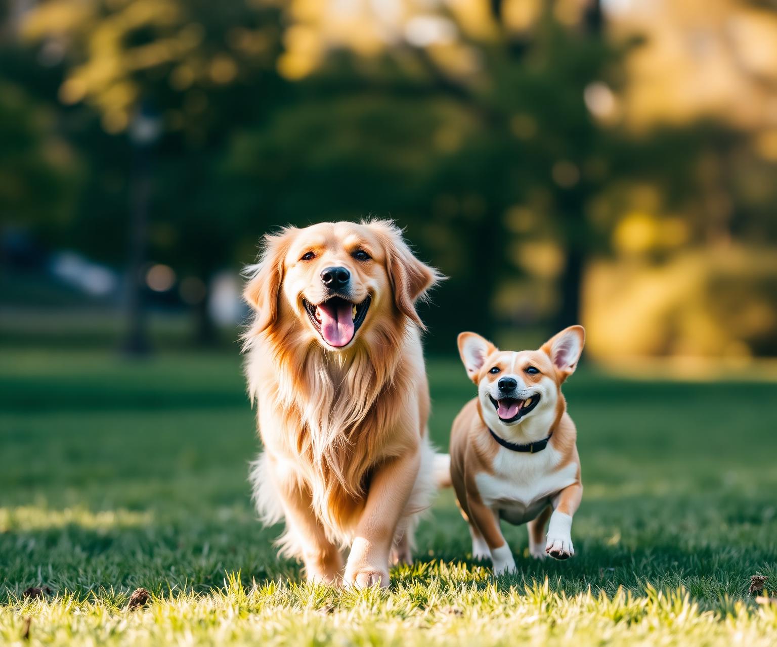 Two happy dogs playing in a sunlit park